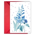 Dettaglio di biglietto d'auguri con fiori blu acquerello e busta rossa coordinata - Stile Floreale Blu Viola (T020401118)