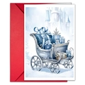 Tarjeta de Navidad azul acuarela con trineo plateado y sobre rojo festivo - Estilo Castillo de Trineo (T020400910)