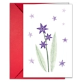 Vista dettagliata del biglietto d'auguri floreale viola con busta rossa coordinata - Stile Floreale Stella Viola (T020401119)