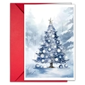 Detail of watercolor Christmas card with blue tree and vibrant red envelope - Christmas Tree Style (T020400914)