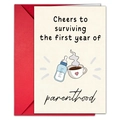 New parent greeting card set with red envelope and 'First Year of Parenthood' message - Baby Bottle And Coffee Style (T020401151)
