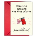 Detail showing a 1st anniversary parenthood card with baby bottle and red envelope - Pacifier And Baby Bottle Style (T020401152)
