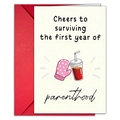 Detail of parenting anniversary card with Cheers to surviving the first year text - Glove And Drink Cup Style (T020401153)
