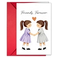 Close-up of Friends Forever greeting card with cartoon girls and a vibrant red envelope - Girls Holding Hands Style (T020401288)