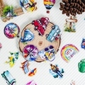 56Pcs watercolor outdoor travel stickers set featuring compass and camper on striped background - Outdoor Travel Watercolor Style (T01042895)