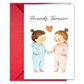 Detail of Friends Forever greeting card with cute cartoon illustration and red envelope - Toddlers Holding Hands Style (T020401287)