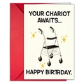 Carte d'anniversaire humoristique avec illustration de déambulateur et enveloppe rouge - Style Déambulateur (T020401291)