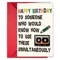 Funny vintage birthday card set with a red envelope featuring retro tape illustration - Retro Cassette Pencil Humorous Style (T02040)