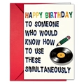 Close-up of a humor-themed birthday card with illustrations and a vibrant red envelope - Retro Vinyl Record Illustration (T020401690)
