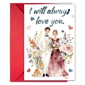 Detail einer Aquarell-Hochzeitskarte mit Text und einem kräftigen roten Umschlag - Brautpaar Und Shiba Inu Stil (T020401243)
