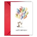 Birthday card set with watercolor tabby cat holding balloons and a red envelope - Tabby Cat Illustration Style