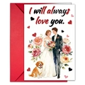 Detail einer Hochzeitskarte mit Aquarell-Paar, Golden Retriever und rotem Umschlag - T020401244