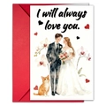 Hochzeitskarte mit I will always love you Text und rotem Umschlag im Set - Brautpaar Und Orangefarbene Katze Stil (T020401242)