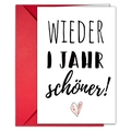 Detailansicht der weißen Grußkarte mit deutschem Text und rotem Umschlag - Deutsch-WIEDER 1 JAHR schöner! (T020401149)