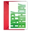 Flat lay of a white birthday card with green font and a vibrant red envelope set - Green Gradient Large Typography Theme (T020401231)
