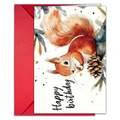 Aquarell-Eichhörnchen-Geburtstagskartenset mit rotem Umschlag und Grußbotschaft - Eichhörnchen Und Zapfen Stil (T020401716)