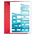 Detail of white Happy Birthday card with 3D gradient text and red envelope - T020401229