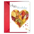 Detail of creative birthday card featuring a colorful autumn leaf heart and red envelope - Leaf Heart