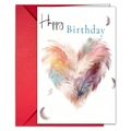 Close-up of birthday card with colorful feather heart design and red envelope - Feather Heart