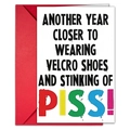 Funny birthday card with a red envelope featuring humorous 'Velcro shoes' text message - Humorous Text Style (T020401168)