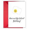 Funny fried egg birthday card with red envelope and Egg-Cellent Birthday pun text - Cartoon Fried Egg Style (T020401173)