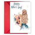 Detailed view of Happy Mother's Day watercolor card with woman and flower bouquet art - Long Hair Back View With Large Bouquet (T020401269)