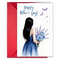 Detailed watercolor Mother's Day card with a red envelope and elegant woman with flowers - Blue Dress Woman With Purple Butterfly Bouquet (T020401273)