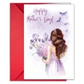 Detailed watercolor illustration of a woman with flowers on a Mother's Day card and red envelope - Purple Slip Dress Holding Irises (T020401274)