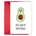 Funny avocado birthday card with red envelope and Avo Great Birthday pun text - Cartoon Avocado Style (T020401178)