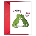Schattige T-Rex paar Valentijnskaart set met rode envelop en Hold My Hand tekst - Dinosaurusstijl