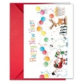 Carte de vœux Happy New Year avec animaux festifs et une enveloppe rouge - Illustration de Rassemblement du Nouvel An(T020401754)