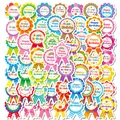 Colorful Happy Birthday rosette stickers with cartoon celebration patterns in various colors - Pack of 100 / Birthday Medal Shape Style (T01042933)