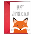 Cute fox birthday card with red envelope and Happy Schnurrsday greeting illustration - Fox