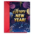 Tarjeta de felicitación festiva Feliz Año Nuevo 2026 con sobre rojo para celebraciones de año - Estilo de Festival con Reloj y Globos (T020401750)