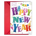 Tarjeta de felicitación de Año Nuevo con letras 3D coloridas y sobre rojo vibrante - Estilo de Fuegos Artificiales con Fondo Blanco Vibrante (T020401751)