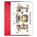 Funny animal birthday card featuring three watercolor koalas in hats with a red envelope - Party Koala (T020401733)