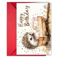 Set biglietto auguri compleanno con riccio acquerello e busta rossa coordinata - Stile Riccio Con Carretto (T020401720)