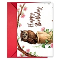Biglietto di compleanno con gufo ad acquerello, fiori di ciliegio e busta rossa vivace - Stile Civetta (T020401723)