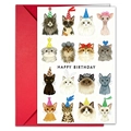 Simpatico biglietto d'auguri con 16 gatti a fumetti e una vivace busta rossa set - Stile Collezione Varie Razze di Gatti (T020401712)