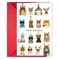 Divertente biglietto compleanno gatti acquerello con busta rossa e decorazioni - Stile Completo Gatti Vestiti a Festa (T020401714)