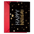 Neon happy birthday card with gold glitter text on black background and red envelope - Black Gold Heart Birthday Card (T020402111)