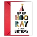 Neon Hip Hip Hooray birthday card with various textures and a vibrant red envelope - White Hip Hooray Patchwork Card (T020402119)