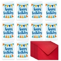 Detailliertes Set aus 10 bunten Geburtstagskarten mit roten Umschlägen auf weißem Hintergrund - Partyhut Illustration Stil (T02040005)