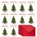 Set of 10 Christmas cards with watercolor trees and red envelopes for holiday greetings - T02040140