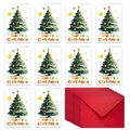 Set of 10 Christmas cards with watercolor trees and 10 red envelopes displayed in a row - Heart And Christmas Tree Style (T02040141)