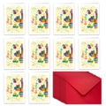 Set of 10 colorful Happy Birthday cards with red envelopes featuring balloons and cakes - Birthday Party Style(T02040008)