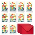 Flat lay of 10 watercolor Happy Birthday cards with matching red V-flap envelopes - Balloons & Gifts (T02040040)