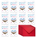 Flat lay of 10 watercolor flower heart cards with 10 vibrant red envelopes set - Eternal Love Floral Heart Pattern (T02040181)