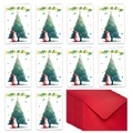 Vista plana de 10 tarjetas navideñas con sobres rojos y diseños de muñeco de nieve - Happy Holidays Muñeco de Nieve Y Árbol De Navidad Acuarela (T02040151)