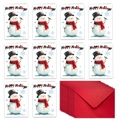 Set detallado de 10 tarjetas de Navidad con muñeco de nieve y 10 sobres rojos de regalo - Happy Holidays Muñeco de Nieve Con Pájaro Bufanda Roja (T02040152)